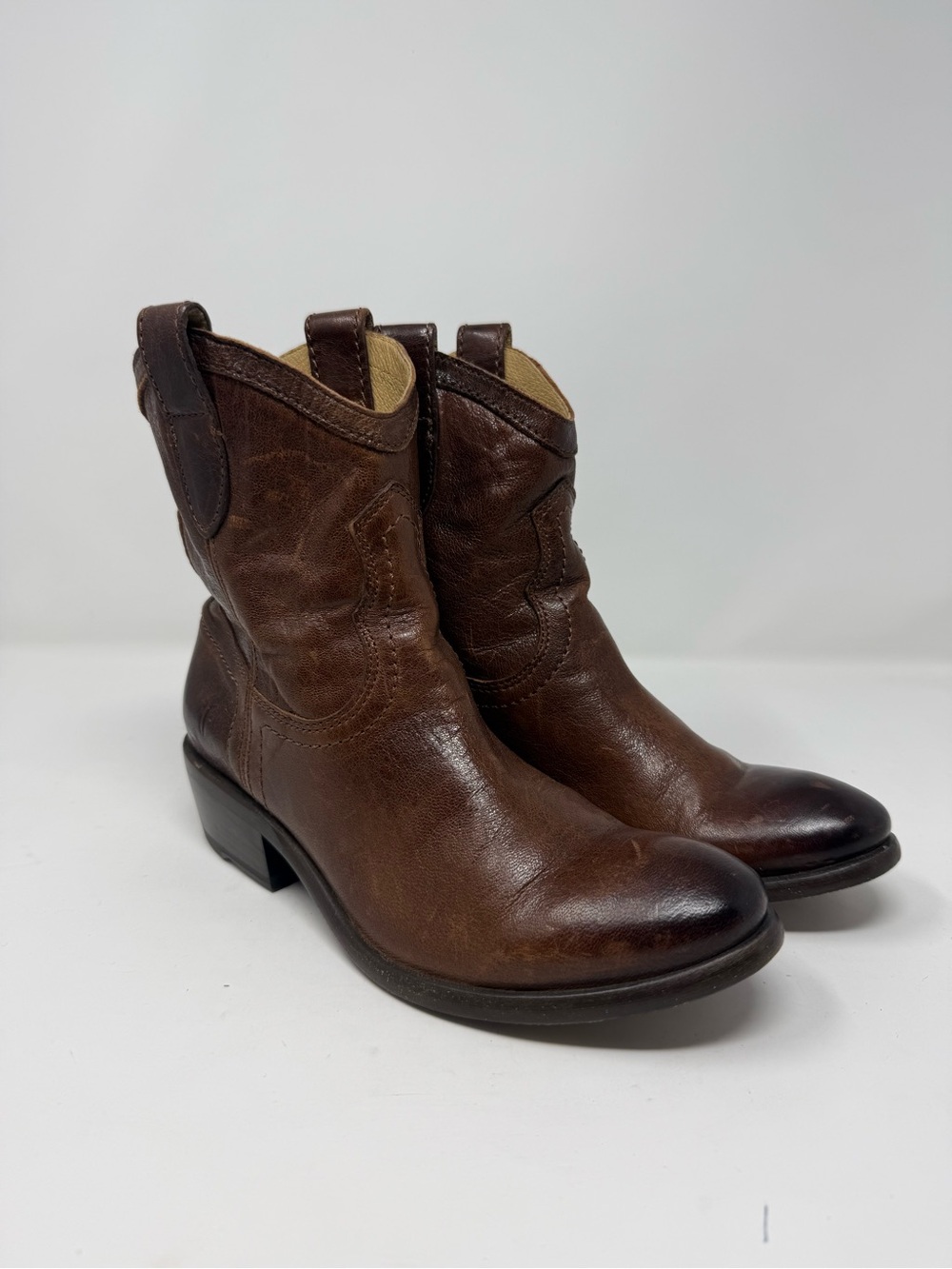 Frye Brown Leather Western Ankle Boots